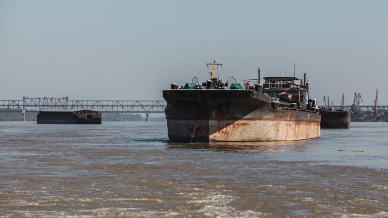 Cargo barges are on Danube river