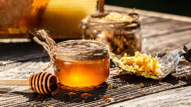 Honey bee and Honeycomb with honey dipper on wooden table. Beekeeping concept