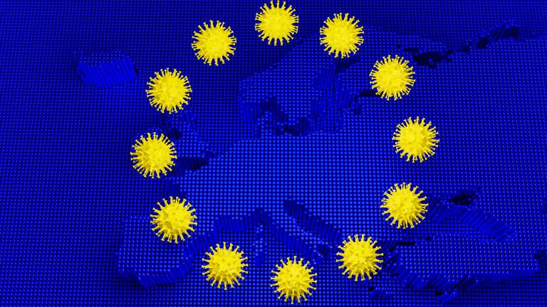 3D render: Outbreak of new Coronavirus 2019 nCoV in Europe Schematic image of viruses of the Corona family on a blue image of a europe map imitating the stars on the european union flag
