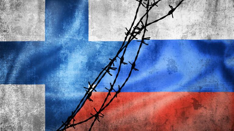 Grunge flags of Russian Federation and Finland divided by barb wire illustration