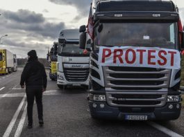 Trucks wait at Hrebenne border crossing to enter to Ukraine