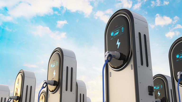 EV charging stations or electric vehicle recharging stations with graphic display