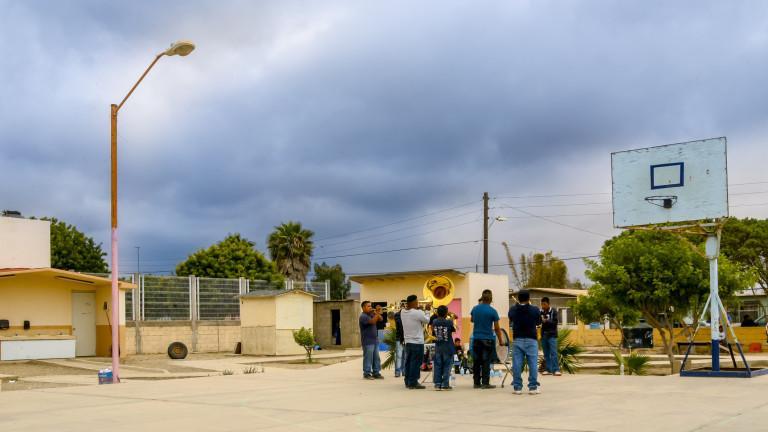 A musical band in a seasonal farm workers area in Baja California Mexico