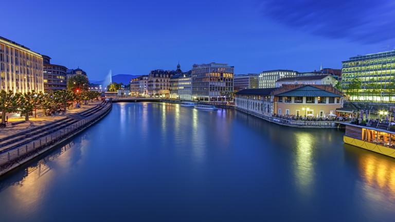 Urban view with famous fountain and Rhone river, Geneva, Switzerland