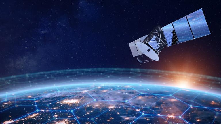 Telecommunication satellite providing global internet network and high speed data communication above Europe. Satellite in space, low Earth orbit. Worldwide data communication technology.